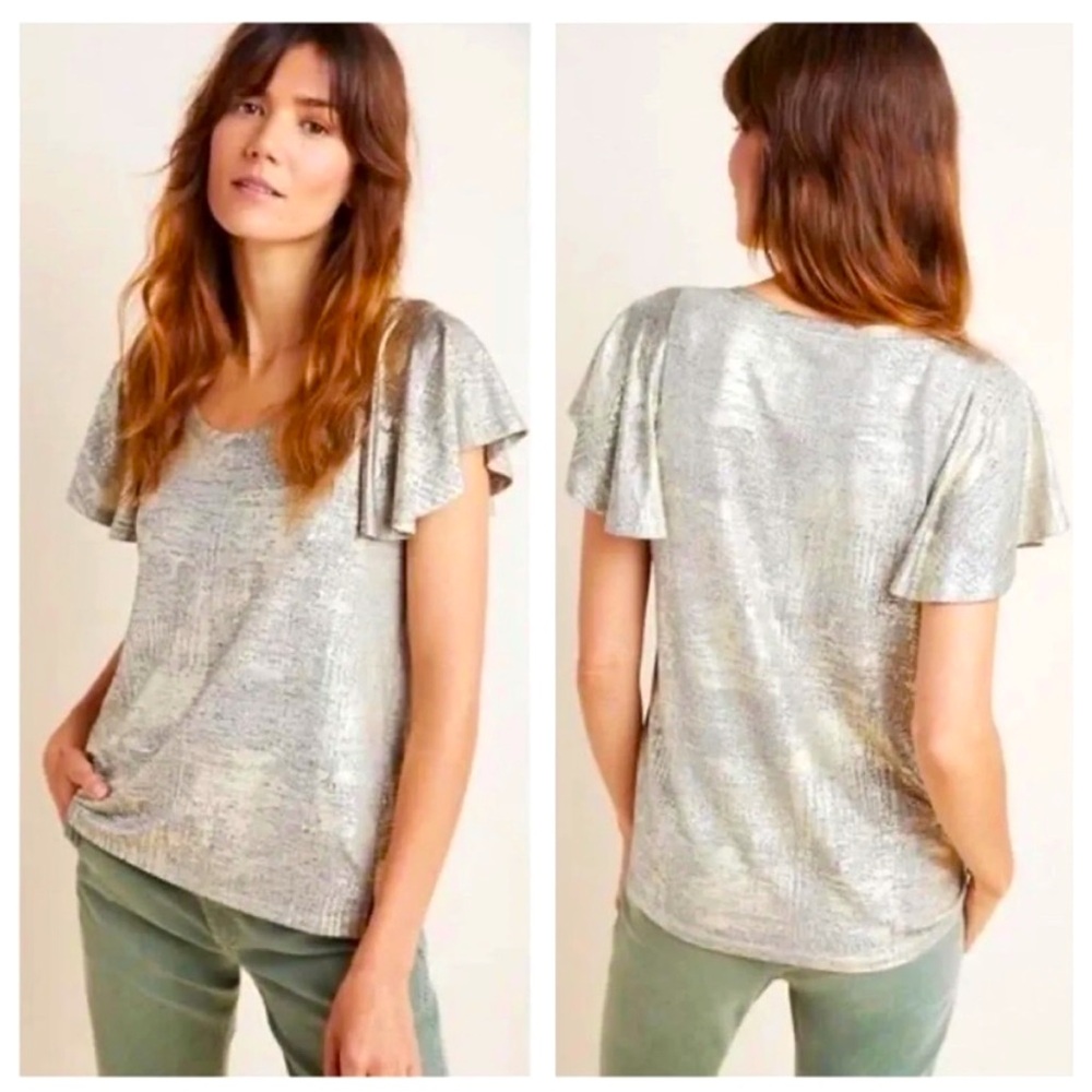 ANTHROPOLOGIE Gorgeous Gold Metallic Feminine Top with Flutter Sleeves ~ Large - Picture 5 of 7